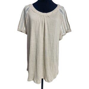 NEW Soft Surroundings Size XL  Top Blouse Beige White Trim Gauze Boho Lagenlook